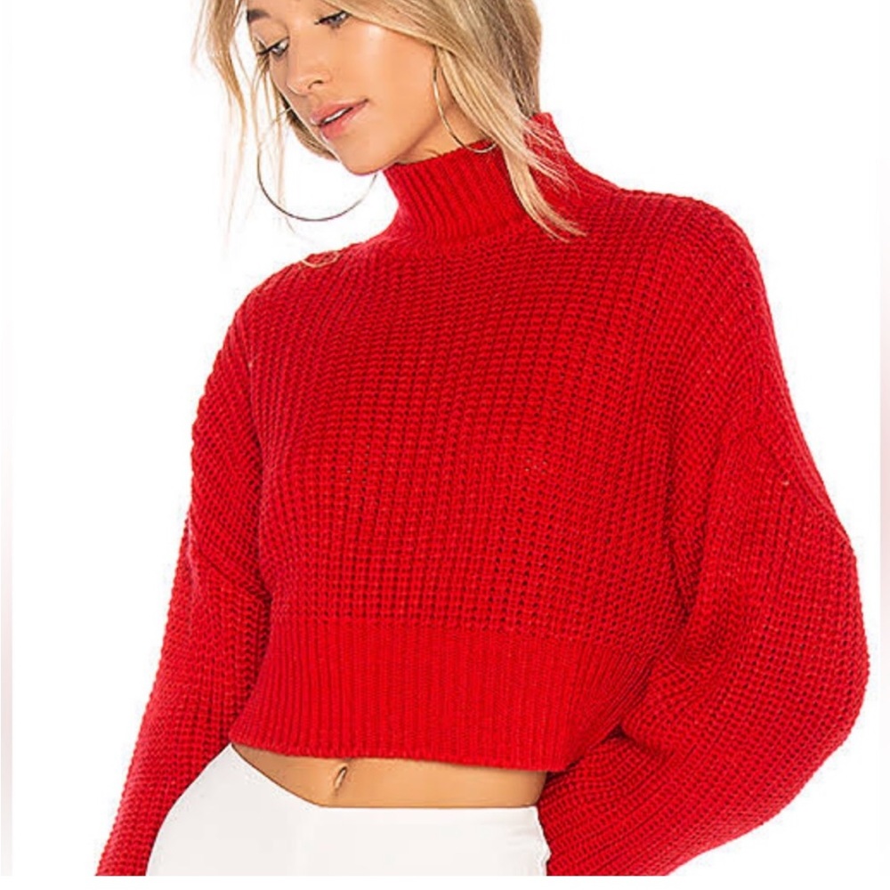Lovers + Friends Revolve Union Red Chunky Knit Cropped Mockneck Sweater Small